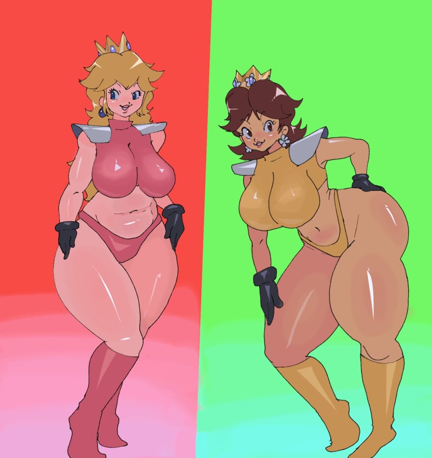 2girls armor armored_boots armored_female armored_gloves blonde_hair blonde_hair_female blue_eyes bodysuit boots briefs brown_hair brown_hair_female cosplay crossover crossover_cosplay crown curvaceous curvy curvy_body curvy_figure dudeman80085 duo duo_female duo_focus f-zero jody_summer_(cosplay) kate_alen_(cosplay) long_hair long_hair_female mario_(series) nintendo princess princess_daisy princess_peach princesses short_hair short_hair_female super_mario_bros. tagme thong trunks