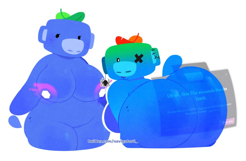 absurd_res anthro arachnid arthropod ass big_breasts big_butt blue_body breasts discord_(app) domestic_pig dot_eyes duo female freckles hi_res leaf leaf_on_head looking_at_viewer looking_back mammal navigator8 pasties presenting presenting_hindquarters shaking_butt simple_eyes spider style_emulation suid suine sus_(pig) text thick_thighs undead watermark wumpus zombie