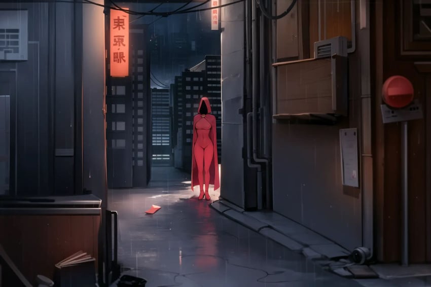 1girls asian big_breasts cape city city_background cityscape covered_face female game_cg heels hero high_heels hood hoodup hooligapps kneeling lustcase mask night raining red_clothing skinny tight_clothing v2.lustcase