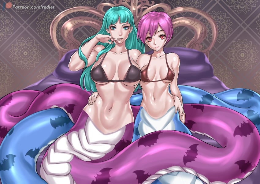 2girls bikini bikini_top breasts capcom cleavage coils darkstalkers demon_girl female female_only green_eyes green_hair high_resolution lamia large_breasts large_filesize lilith_aensland long_hair medium_breasts monster_girl morrigan_aensland multiple_girls naga naga_girl pink_hair red_eyes redjet short_hair sisters small_breasts smile snake succubi succubus swimsuit