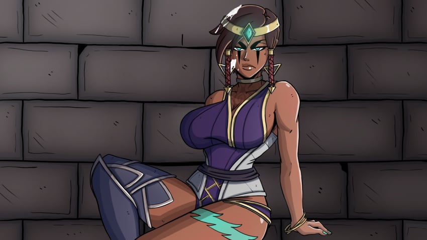 arm_support bare_shoulders blue_eyes bracelet braid breasts brown_hair cg circlet closed_mouth couch cum_on_face dark-skinned_female dark_skin earrings female green_eyes hair_ornament jewelry karma_(league_of_legends) large_breasts league_of_legends lipstick long_hair looking_at_viewer lust_in_runeterra makeup nail_polish official_art parody sideboob sitting solo sweat thighhighs thighs twin_braids