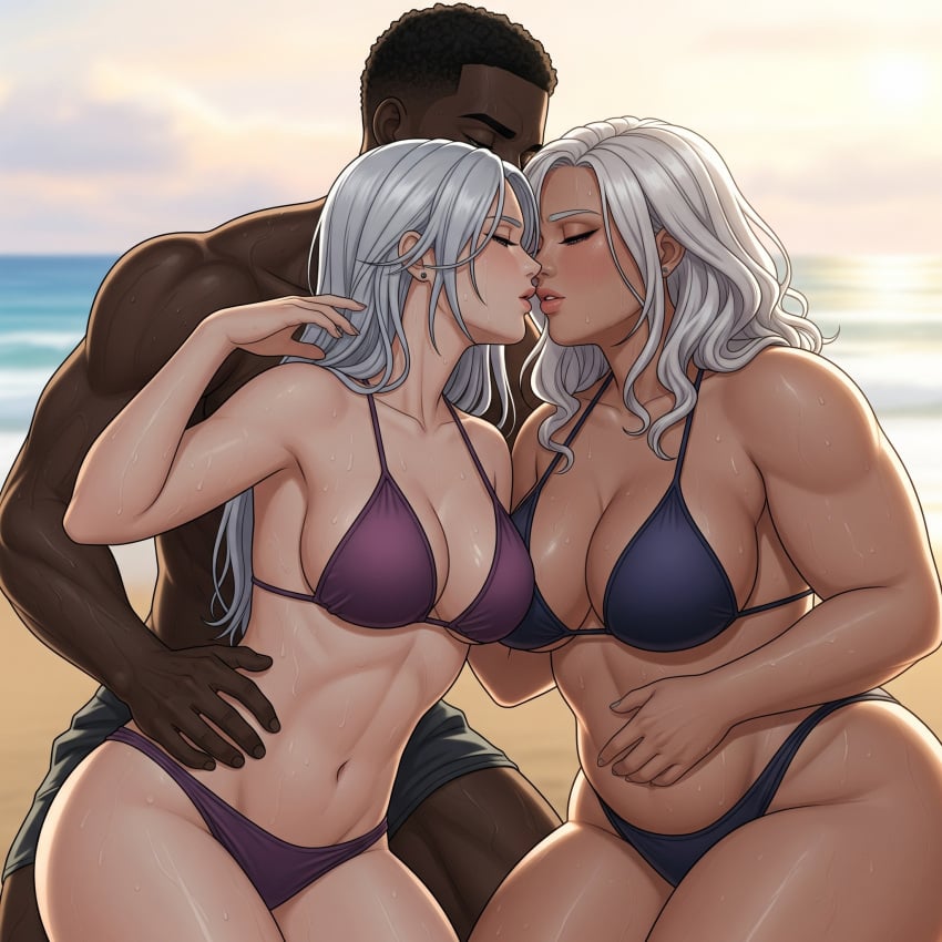 ai_generated beach big_female ciri dark-skinned_male fat_female female interracial lesbian original_character sweat the_witcher_(series) the_witcher_3:_wild_hunt