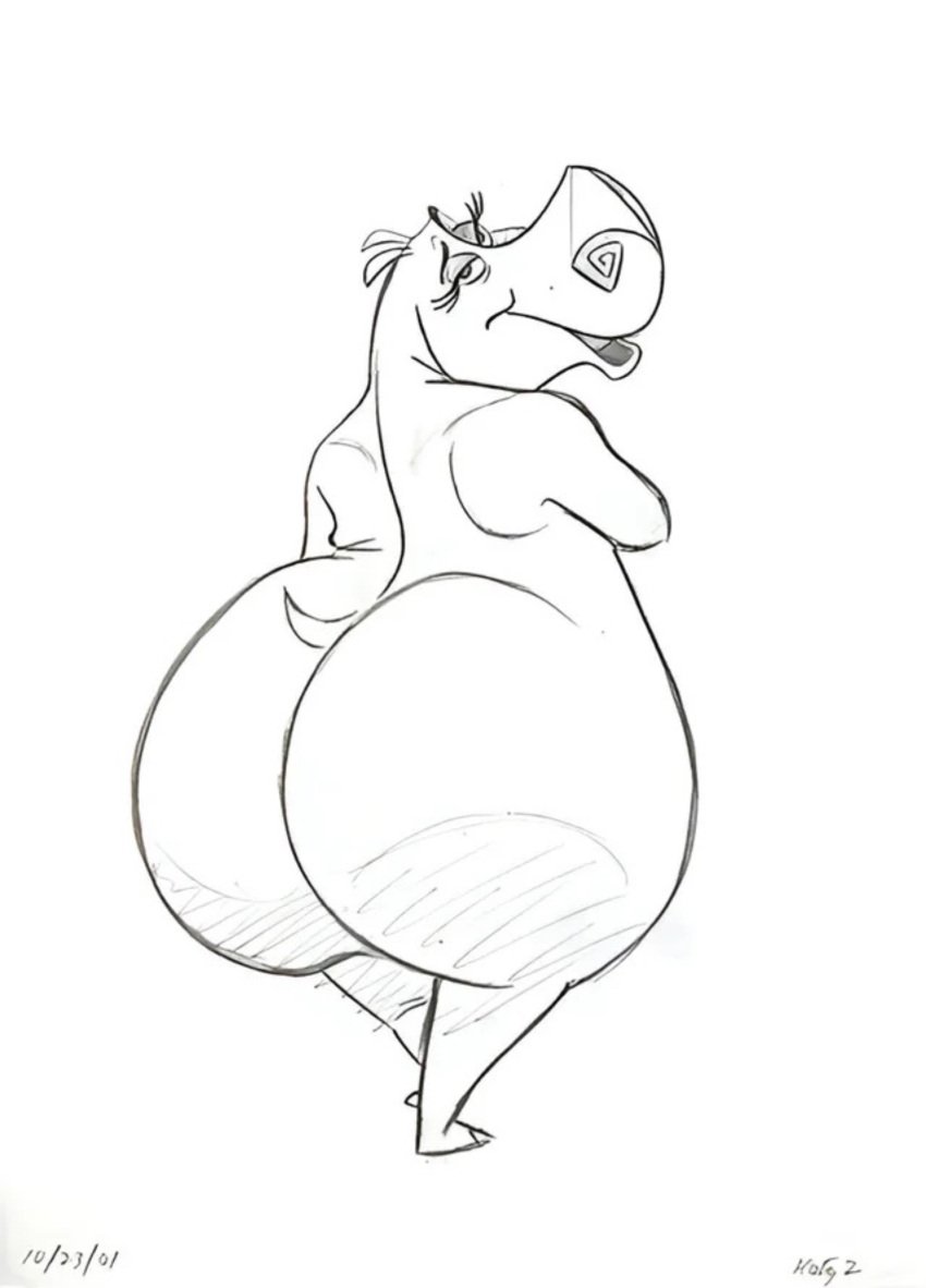 artist_request ass big_ass big_butt bubble_ass bubble_butt concept_art dreamworks dumptruck_ass dumptruck_butt gloria_the_hippopotamus huge_ass looking_at_viewer madagascar_(series) monochrome official_art plump tagme thick thick_butt thick_thighs wide_ass