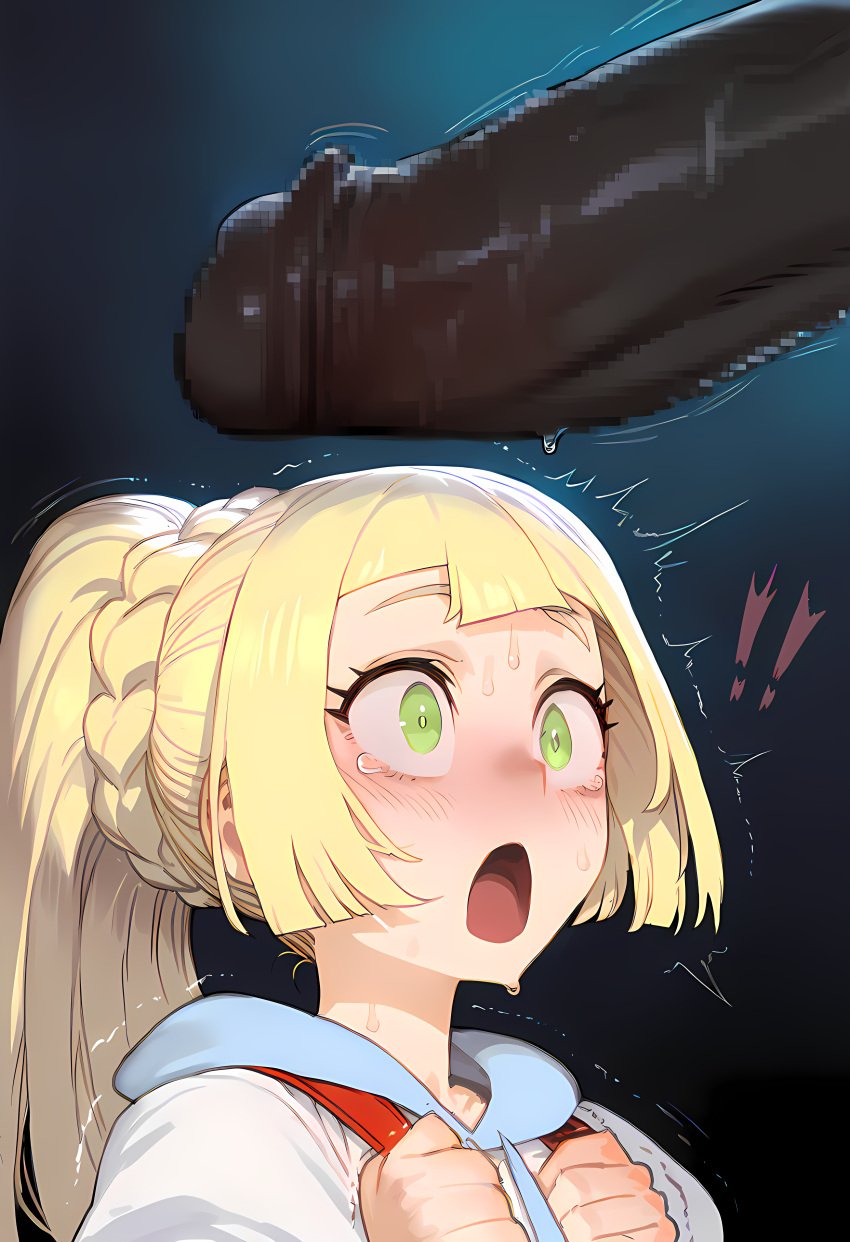 1boy 1girls ai_generated big_penis blonde_hair dark-skinned_male dark_skin female green_eyes huge_cock kaikoi lillie_(pokemon) male nintendo pokemon pokemon_sm surprised surprised_expression tagme