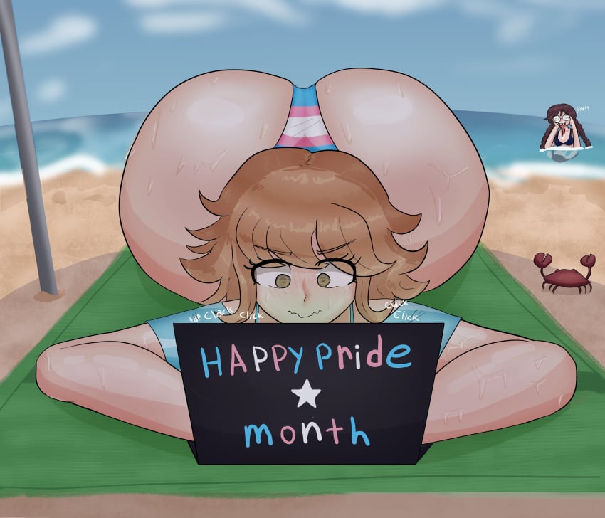 1boy 1girls ass ass_bigger_than_head ass_focus background_character beach beach_background beach_towel beach_umbrella big_ass big_butt bubble_butt crossdressing curvaceous curvy curvy_figure danganronpa english_text female femboy front_view fujisaki_chihiro fukawa_touko girly glasses huge_ass karlometer laptop long_tongue male ocean onomatopoeia panties pride_colors pride_month sharp_teeth solo_focus spying sweat sweating sweaty sweaty_body sweaty_butt text thick_thighs tongue tongue_out transgender_pride_colors voluptuous voluptuous_male yellow_eyes