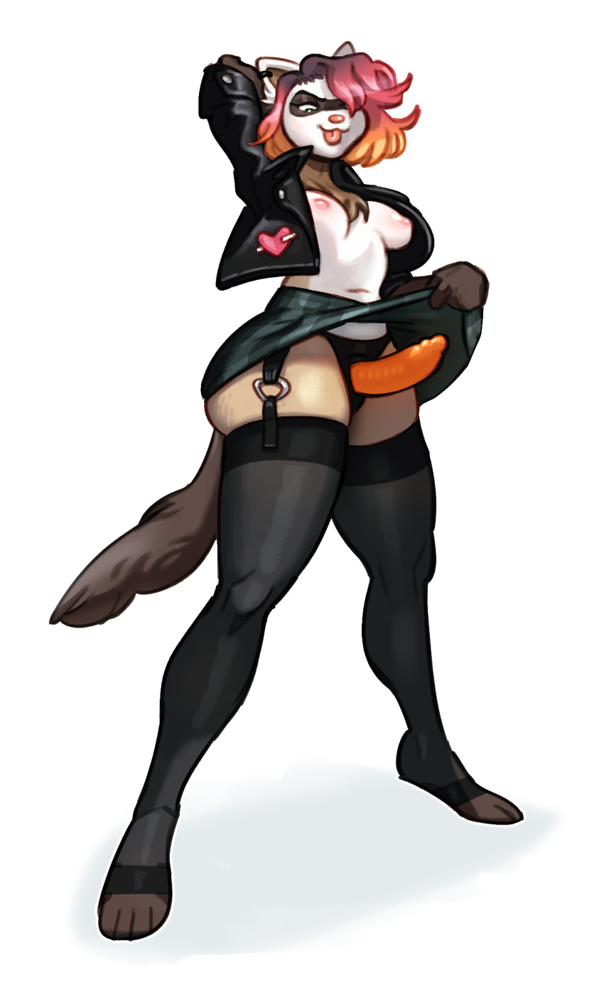 clothed clothing clothing_lift dildo female ferret furry garter hair harness jacket legwear mammal mustelid nipples pin queervanire sex_toy skirt skirt_lift solo standing stockings strap-on tongue tongue_out