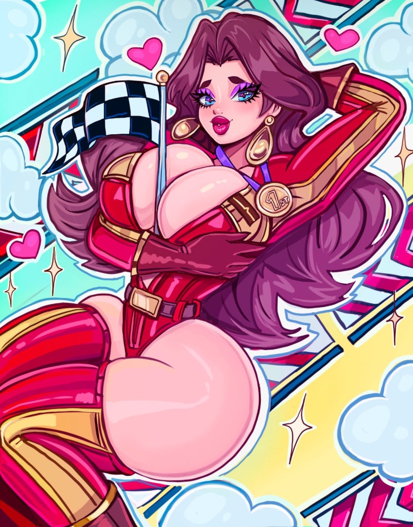 1girls blue_eyes brown_hair busty checkered_flag cleavage earrings full_lips gloves huge_breasts light-skinned_female light_skin mario_(series) mario_kart mario_kart_world pauline pauline_(mario) purple_eyeshadow racing_suit small_waist theartofmathew thick thick_thighs thighhighs