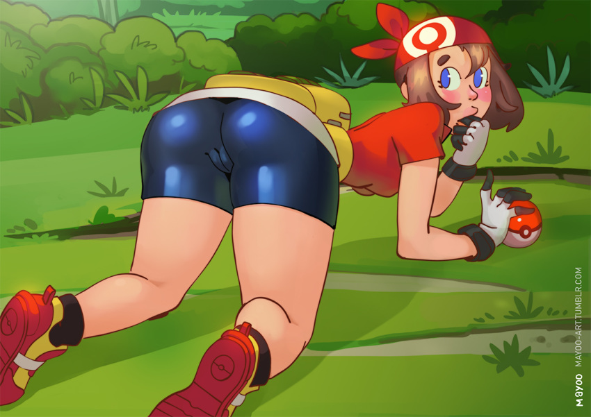 1girls all_fours ass bag bandana belt big_ass bike_shorts blue_eyes blush breasts brown_hair eyelashes female female_only finger_in_mouth finger_sucking gloves grass holding human human_only kneeling large_ass looking_at_viewer looking_away looking_back may_(pokemon) may_(pokemon_rs) mayoo nintendo outdoors poke_ball pokemon pokemon_rse presenting_hindquarters shirt shoes short_hair shorts socks solo text thick_thighs url watermark wide_hips