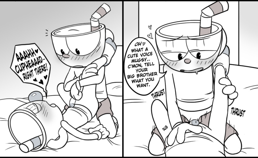 anal anal_sex animate_inanimate anvil_position bed blush bottomless brother brothers closed_eyes clothed clothed_sex clothing comic cup cuphead cuphead_(game) duo english english_text first_person_view gloves half-closed_eyes heart humanoid humanoid_on_humanoid humanoid_penis incest kneeling leg_grab legs_up legwear looking_down lying male male_penetrating male_pov moan mugman object_head on_back on_bed open_pants penetration penis precum sex shorts sibling socks speech_bubble toxic-boner video_games yaoi