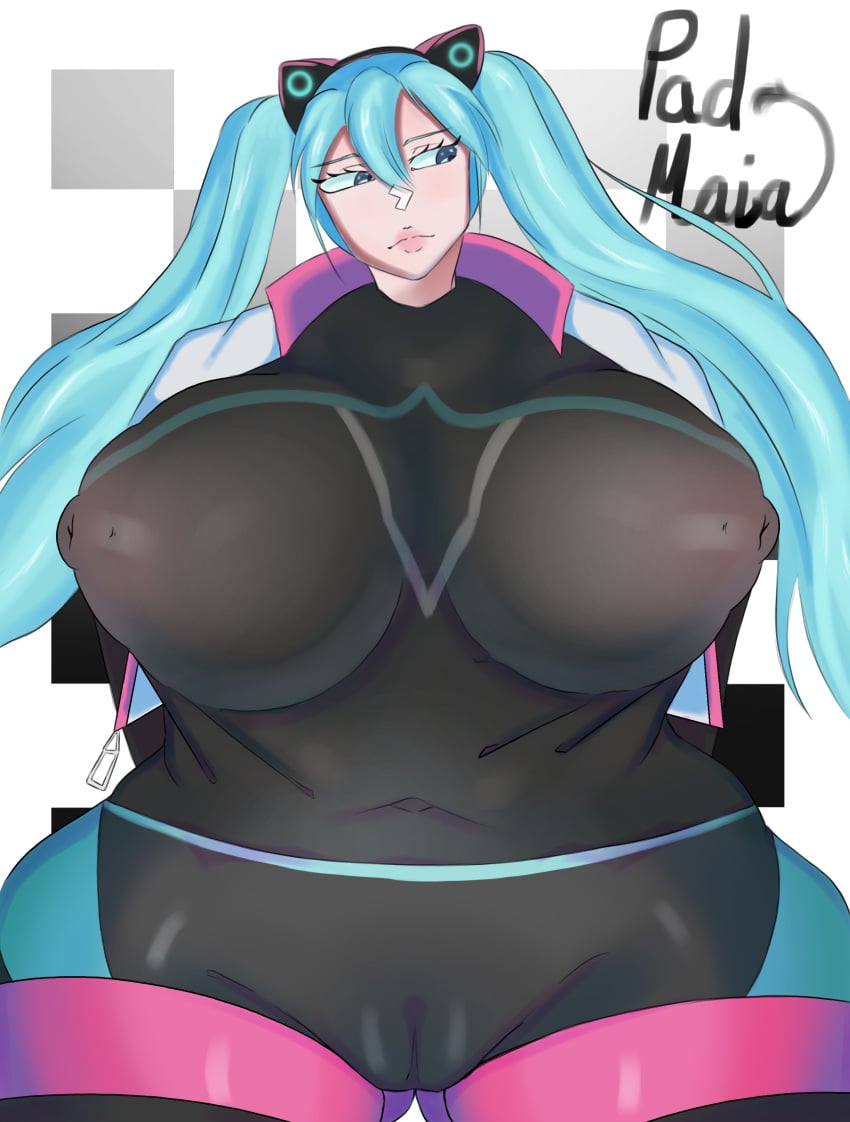 big_thighs biker_clothes biker_girl cameltoe exposed_nipples female hatsune_miku milf padmaia shorts sonic_racing_crossworlds stockings unamused wide_hips