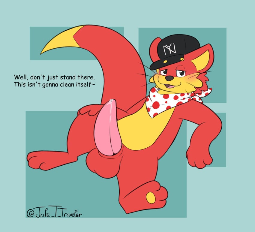 anthro balls blush bodily_fluids clothing digital_media_(artwork) erection genitals hat headgear headwear hi_res jake_the_traveler looking_at_viewer male mammal mustelid open_mouth otter penis presenting presenting_penis simple_background smile solo text whiskers