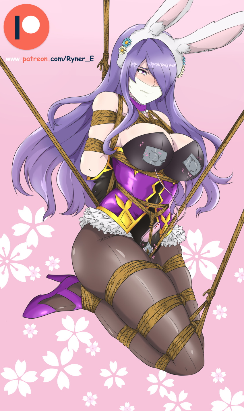 arms_behind_back black_gloves bondage bound bound_ankles bound_arms bound_legs bound_torso breasts bunny_ears bunny_girl camilla_(fire_emblem) camilla_(spring)_(fire_emblem) cleavage crotch_rope female femsub fire_emblem fire_emblem_fates fire_emblem_heroes flowers gag gagged high_heels large_breasts long_hair nipple_vibrator pantyhose purple_eyes purple_hair rope rope_bondage ryner-e solo suspended suspension suspension_bondage tape tape_gag taped_mouth tied_up vibrator vibrator_taped_to_pussy white_tape