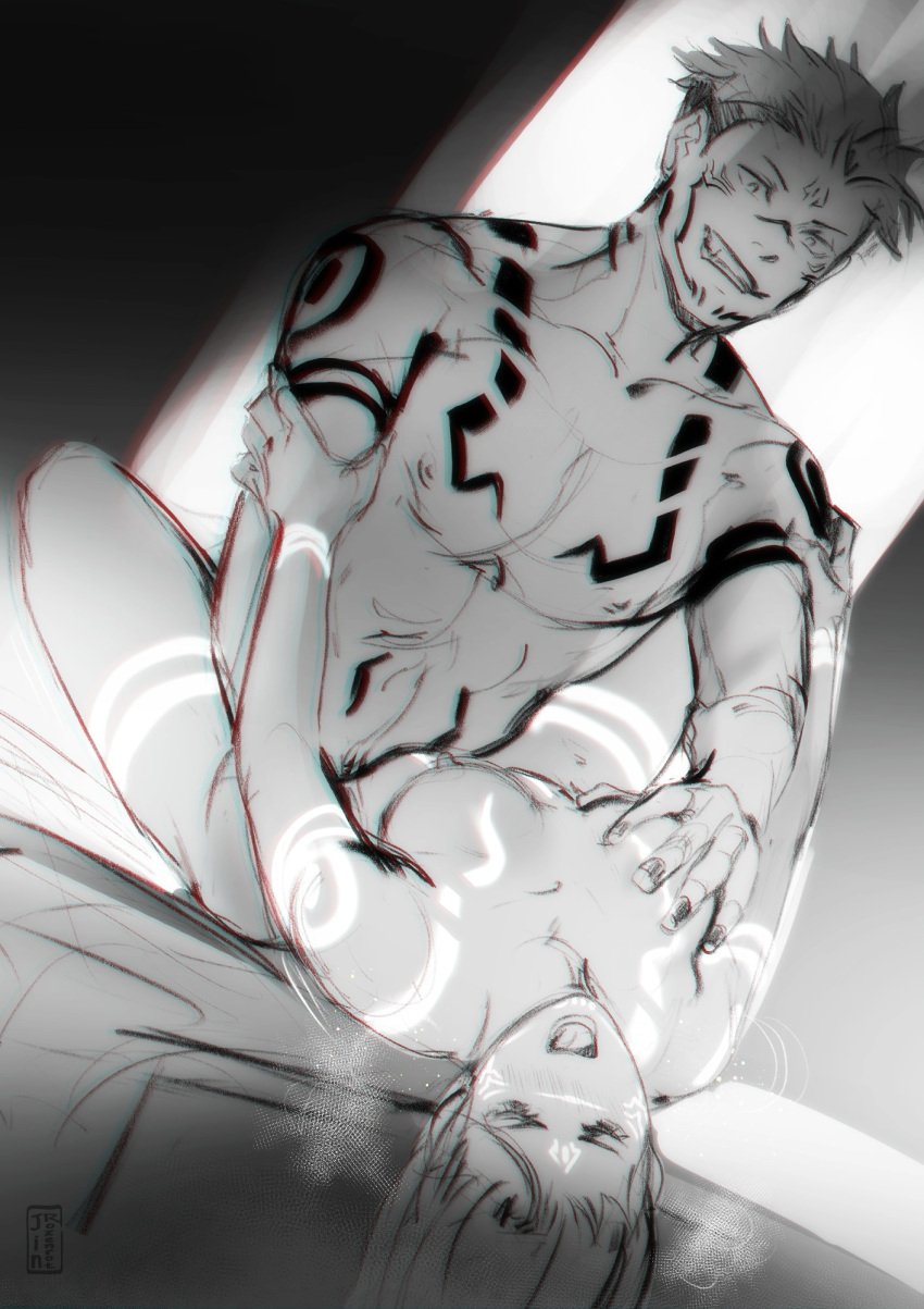 black_and_white fucked_into_submission fully_nude jinrozenrot jujutsu_kaisen kugisaki_nobara missionary_position pleasure_face pleasured_female possession ryoumen_sukuna_(jujutsu_kaisen) slicked_back_hair smirk straight tattoo vaginal_penetration willing_prey willing_transformation