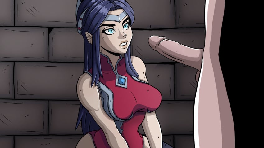 1boy bare_shoulders blue_eyes blue_hair breasts brick_wall cg clenched_teeth erection female gem highleg highleg_leotard imminent_fellatio irelia_xan jewelry large_breasts large_penis league_of_legends leotard long_hair looking_at_penis lust_in_runeterra nude official_art parody parted_lips penis penis_awe precum red_leotard sitting sleeveless solo_focus straight sweat teeth testicles turtleneck uncensored veins