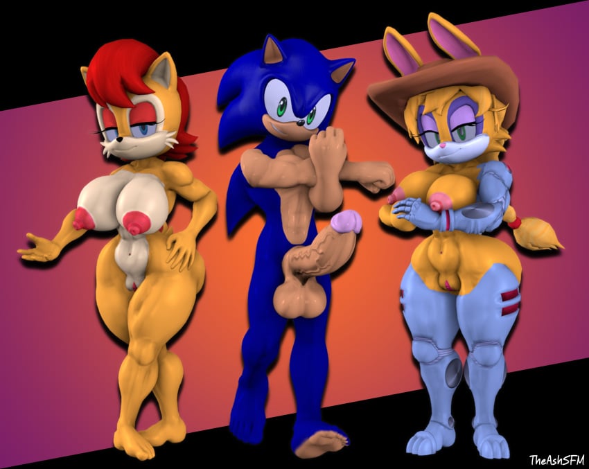3d 3d_(artwork) anthro areola balls bunnie_rabbot chipmunk erect_nipples erection female hedgehog huge_breasts male nipples nude penis pussy rabbit sally_acorn sonic_(series) sonic_the_hedgehog theashsfm trio