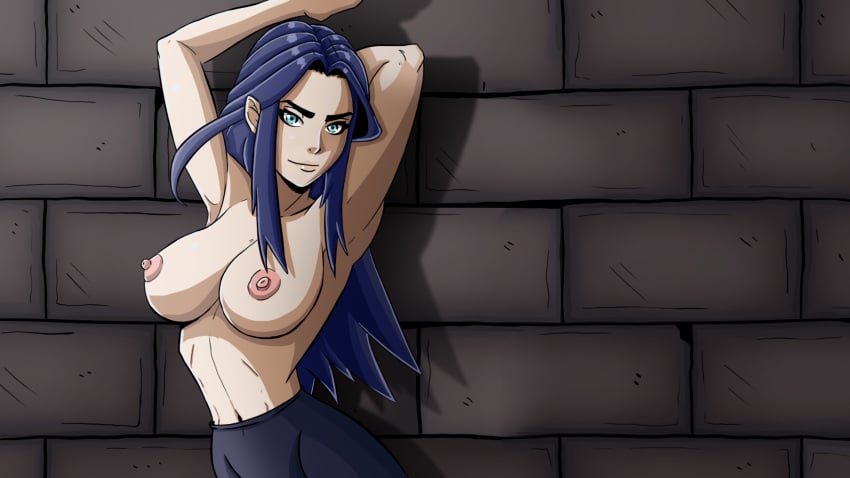 armpits arms_behind_head arms_up blue_eyes blue_hair breasts brick_wall cg couch female irelia_xan large_breasts league_of_legends long_hair looking_at_viewer lust_in_runeterra navel nipples official_art pants parody pointy_ears smile solo topless wall