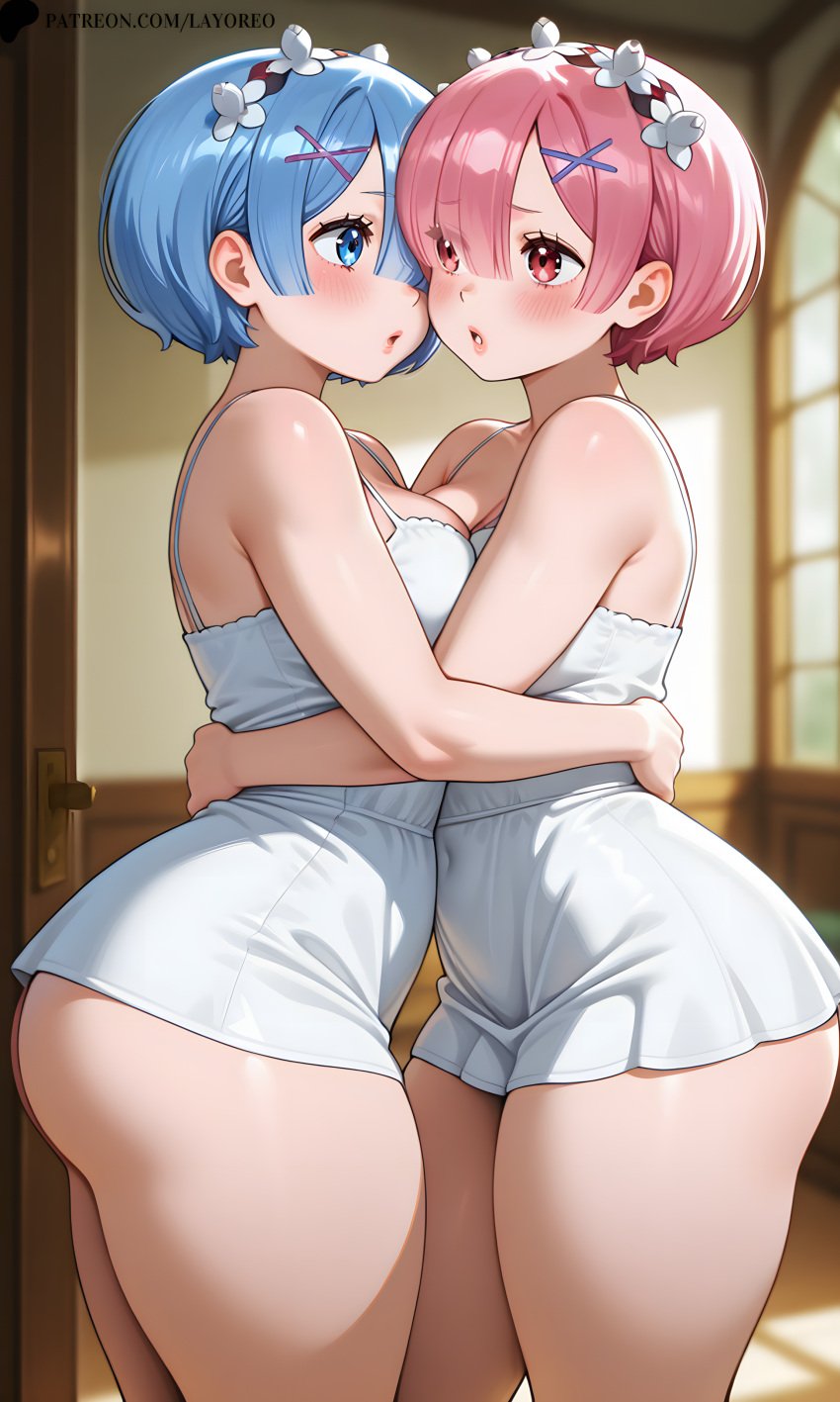 2girls ai_assisted ai_generated ass big_ass blue_hair blush bottomless bottomless_female breasts breasts dress huge_ass hugging imminent_kiss lay-oreo looking_at_each_other medium_breasts patreon patreon_reward pink_hair ram_(re:zero) re:zero_kara_hajimeru_isekai_seikatsu rem_(re:zero) seductive seductive_look seductive_smile short_hair short_hair_female shy siblings thick_thighs thighs twins white_dress yuri