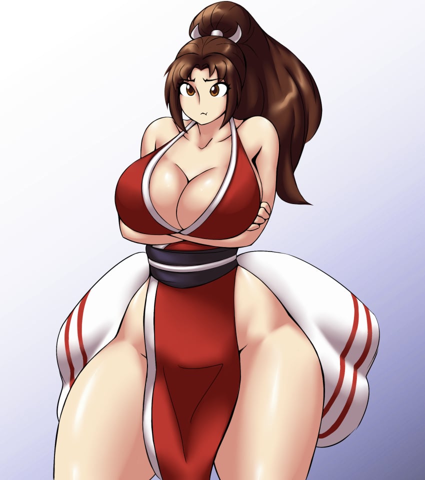 arms_crossed big_breasts boob_window breasts breasts_bigger_than_head breasts_bigger_than_torso brown_eyes brown_hair fatal_fury female huge_breast kailyn king_of_fighters kreativekailyn mai_shiranui simple_background snk thick_thighs