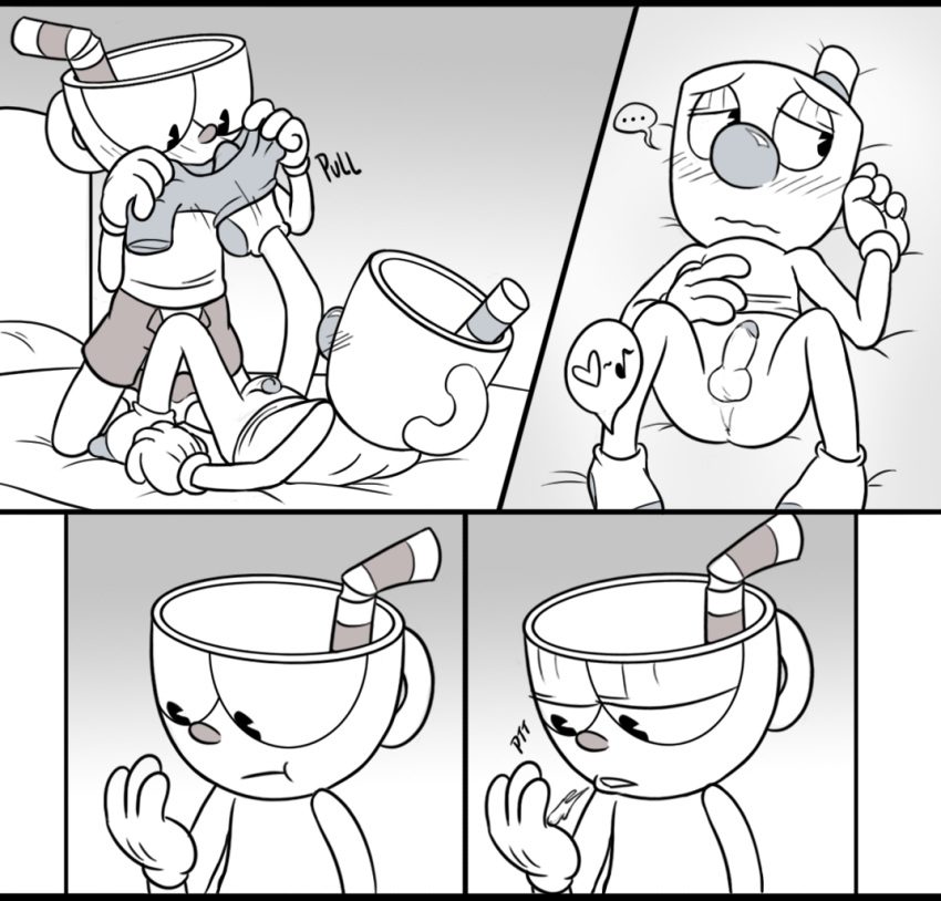 2boys animate_inanimate anus balls bed black_and_white bottomless brother brothers clothed clothing comic cup cuphead cuphead_(game) duo embarrassed gay gay_sex gloves half-closed_eyes humanoid humanoid_on_humanoid humanoid_penis imminent_sex incest kneeling legwear looking_away lying lying_on_back male mugman object_head on_back on_bed open_pants penis saliva shorts shorts_open sibling small_penis socks speech_bubble spitting spitting_into_hand toxic-boner undressing video_games yaoi