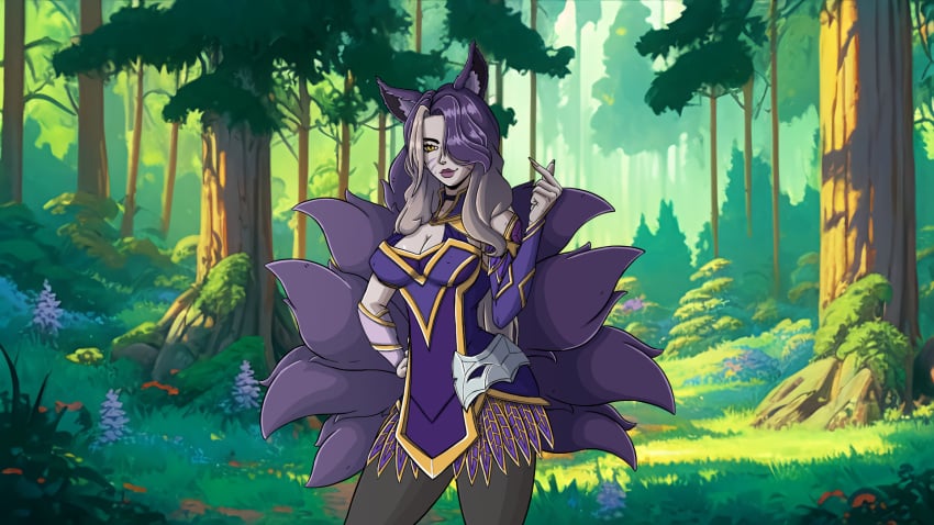 ahrahri_(league_of_legends) ahri animal_ear_fluff animal_ears breasts cg cleavage coven_ahri cowboy_shot detached_sleeves dress facial_mark female forest fox_ears fox_girl fox_tail grass hair_over_one_eye hand_on_own_hip jewelry kitsune large_breasts league_of_legends long_hair looking_at_viewer lust_in_runeterra multicolored_hair multiple_tails nature necklace official_art open_mouth outdoors pantyhose parody purple_hair purple_lips scenery smile solo tail tree yellow_eyes