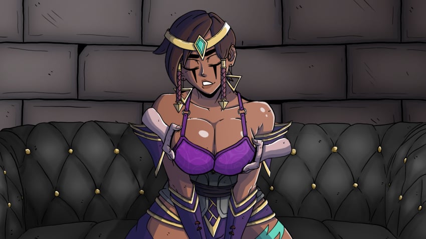 armor bare_shoulders bra braid breasts brown_hair cg circlet cleavage closed_eyes collarbone couch dark-skinned_female dark_skin earrings female jewelry karma_(league_of_legends) large_breasts league_of_legends long_hair lust_in_runeterra muscular muscular_female official_art parody pelvic_curtain shiny_skin short_hair sitting smile solo sweat underwear