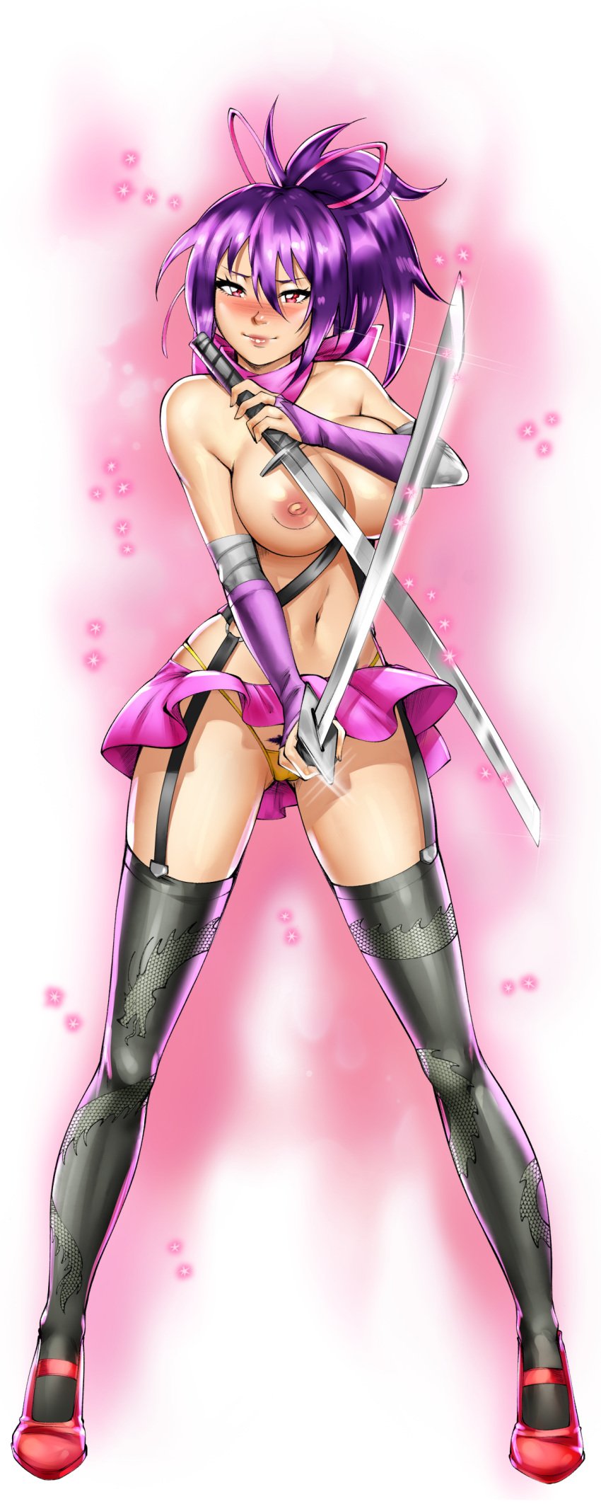 black_thighhighs blush breasts cg covering_crotch dual_wielding female full_body garter_straps gloves hair_ribbon hentai_heroes high_heels holding holding_sword holding_weapon katana kinkoid kunohana_(hentai_heroes) large_breasts long_hair looking_at_viewer navel nipple_slip nipples official_art panties parody ponytail purple_eyes purple_hair red_eyes revealing_clothes sandals shoes skirt smile solo standing sword thighhighs topless transparent_background underwear weapon