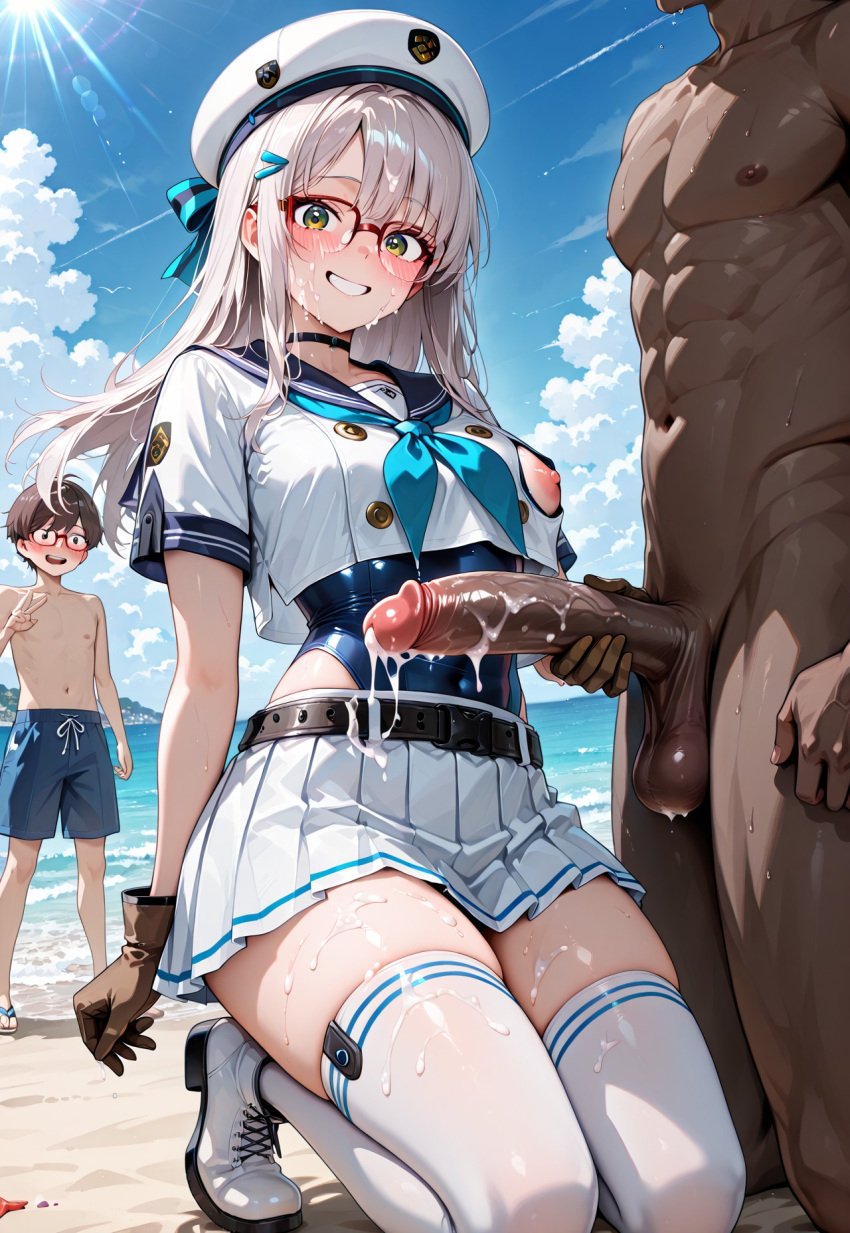 1girls 2boys ai_generated beach blush breasts cock_worship cuckold cum dark-skinned_male female glasses goddess_of_victory:_nikke green_eyes interracial large_penis light-skinned_male looking_at_viewer male neon_(nikke) netorare ntr penis penis_awe self_upload smile tagme white_hair