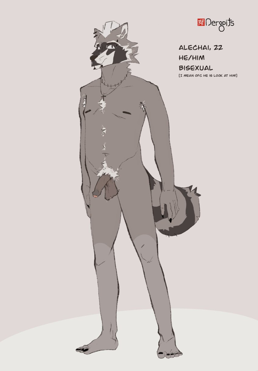 anthro armpit_hair body_hair dergpits ear_piercing english_text eyebrow_piercing facial_piercing fluffy fluffy_tail hi_res lip_piercing male mammal nude piercing presenting procyonid raccoon smile snakebite_piercing solo standing tail text