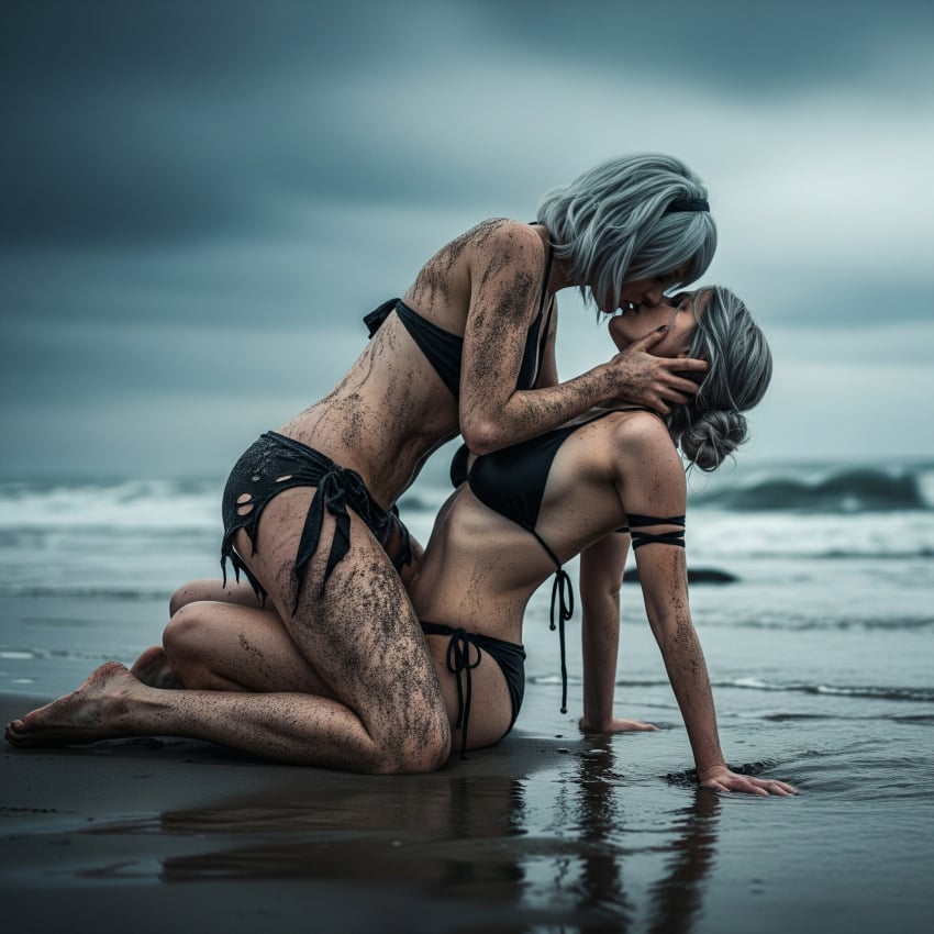 ai_generated beach bikini black_bikini blindfold ciri dirty female lesbian lesbian_kiss lightning_bolt nier nier:_automata nier_(series) sand the_witcher_(series) the_witcher_3:_wild_hunt yorha_2b