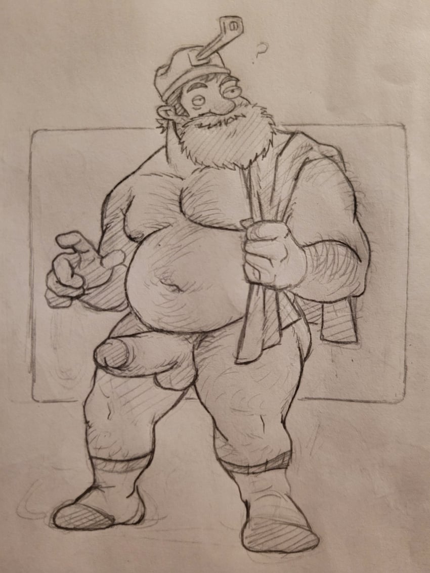 1boy ? ass balls ballsack beard breasts crazy_dave_(pvz) genitals hairy_arms hairy_chest hairy_male male male_only mature_male penis posduroo pvz sketch socks solo