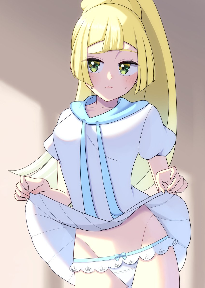 1girls blonde_hair blush breasts clothing cropped_hoodie female female_only green_eyes lillie_(pokemon) looking_at_viewer panties pokemon pokemon_sm skirt skirt_lift