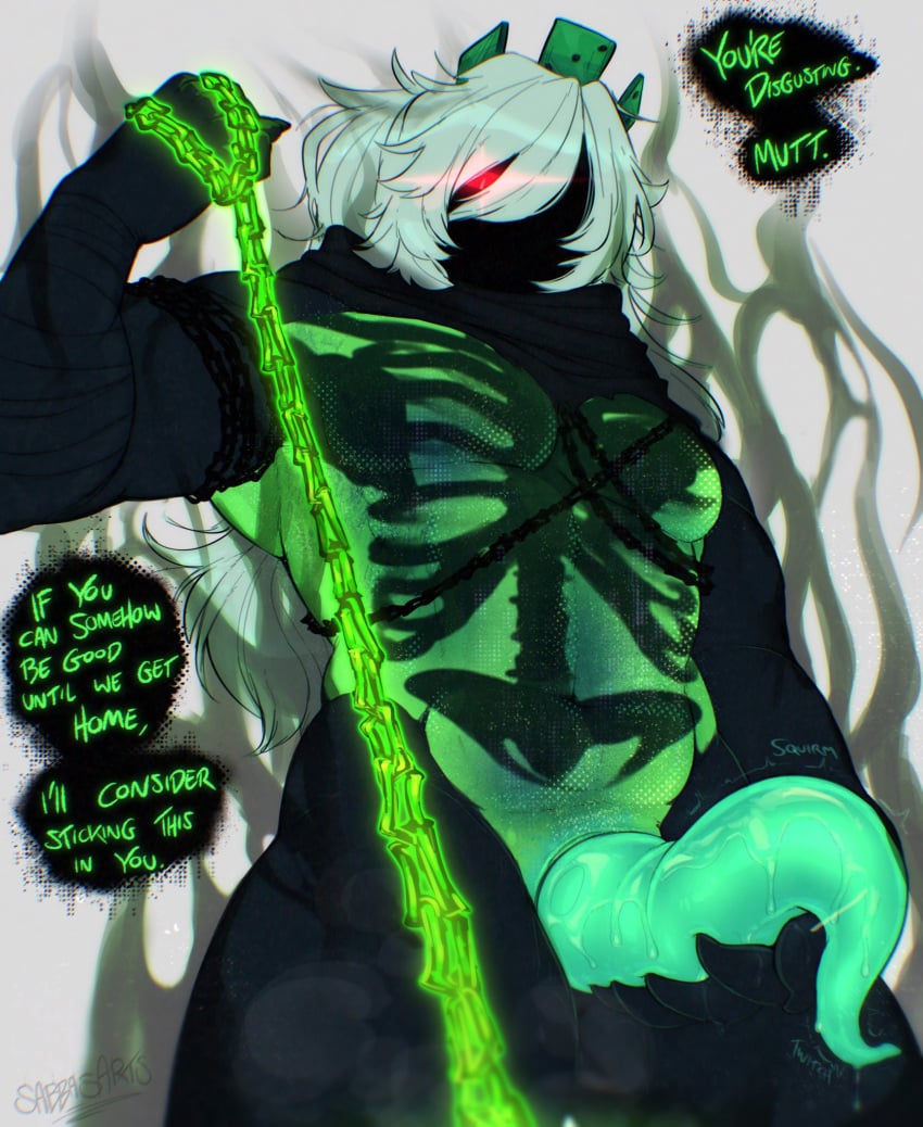 1boy 1x1x1x1 1x1x1x1_(forsaken) betrayed_1x1x1x1 black_body black_skin chains english_text forsaken_(roblox) holding_chain male male_focus official_alternate_costume onomatopoeia red_eyes roblox roblox_game robloxian sabbasarts solo_male speech_bubble tagme tentacle_dick text white_hair
