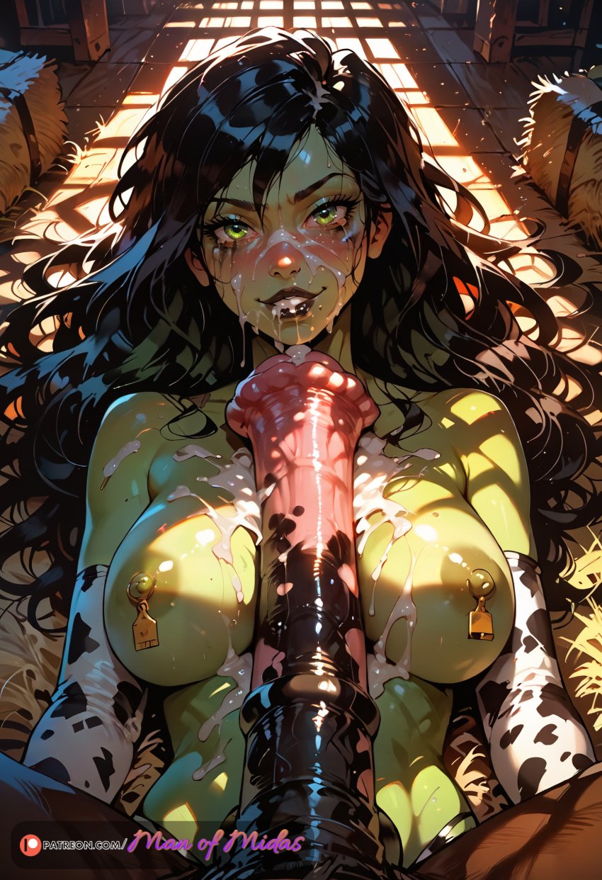 aftermath ai_generated beastiality black_hair blush blush cow_print_armwear cum_drip cum_dripping cum_dripping_from_penis cum_in_mouth cum_on_body cum_on_breasts cum_on_chin cum_on_face disney disney_channel erect_penis excessive_cum facial green_body green_eyes green_skin horse horse_penis horsecock kim_possible makeup manofmidas navel nipple_tassels nipples red_face ruined_makeup shego tears