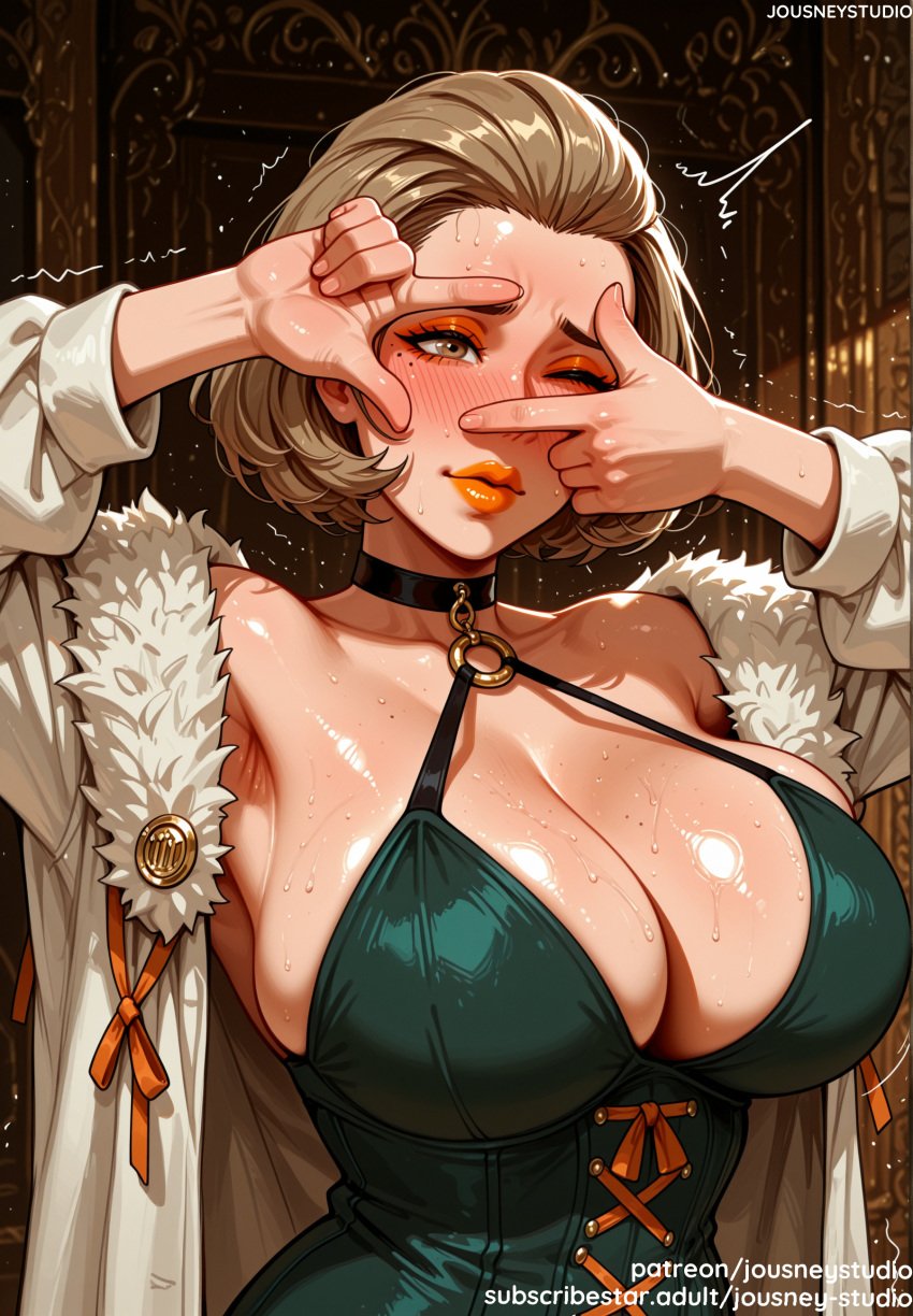 ai_generated armpits bangs bare_shoulders black_choker blush breasts brown_eyes brown_hair choker clavicle cleavage clothing coat covering_face dress earrings eyeshadow female female female_only fire_emblem fire_emblem:_three_houses forehead freckles fur_trim hair_slicked_back huge_breasts indoors jacket jewelry jousneystudio large_breasts lips lipstick long_sleeves makeup manuela_casagranda mature_female mole mole_on_breast mole_under_eye nintendo o-ring one_eye_closed open_clothes parted_lips short_hair solo sweat trembling upper_body