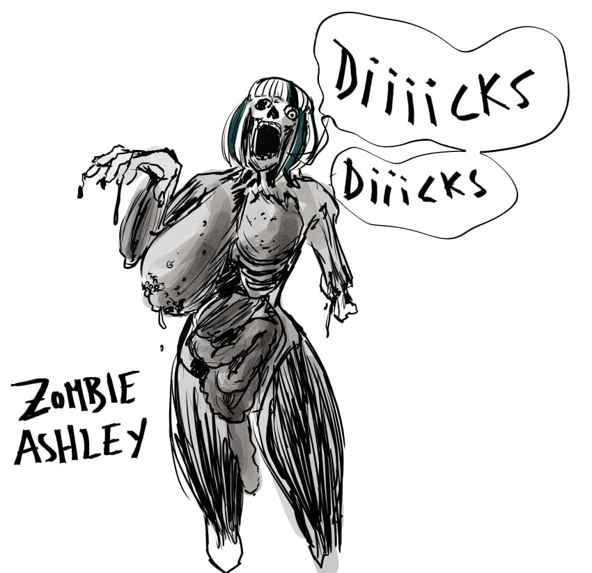 ashley_(sinsigat) ashley_schiumeat_(sinsigat) breasts breasts_out female female_only large_breasts looking_at_viewer monochrome sinsigat solo_female tagme white_hair zombie zombie_girl