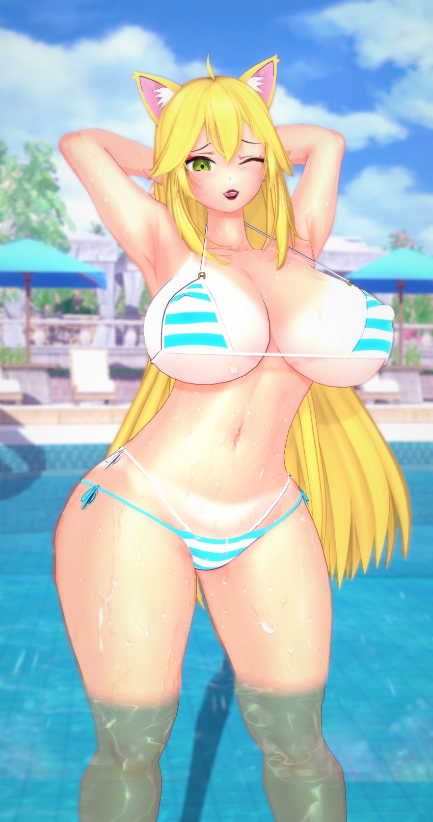 1girls 3d ahoge arms_behind_head arms_up ass big_ass breasts cat_ears deluxe_rosie female female_only green_eyes hips hourglass_figure huge_breasts in_water indie_virtual_youtuber lipstick long_hair looking_at_viewer nipple_bulge open_mouth outdoors pool smile solo solo_female standing tan-skinned_female tan_body tan_skin thick_thighs thighs thin_waist veibae virtual_youtuber water wet wet_body wet_skin wide_hips wink winking_at_viewer yellow_hair