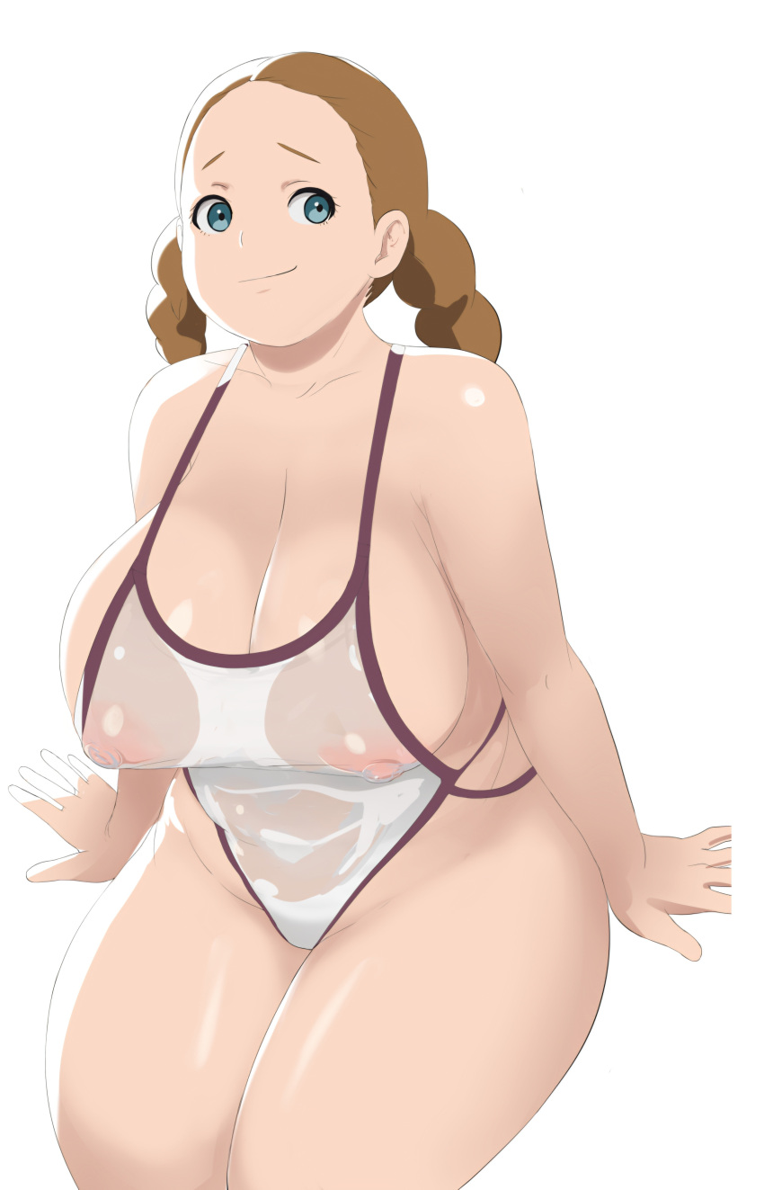 blue_eyes braid breasts brown_hair cleavage covered_erect_nipples fat female gundam gundam_suisei_no_majo highres large_breasts lilique_kadoka_lipati looking_at_viewer makoto_daikichi nipples one-piece_swimsuit plump see-through see-through_one-piece_swimsuit simple_background smile swimsuit textless_version thick_thighs thighs twin_braids twintails white_background