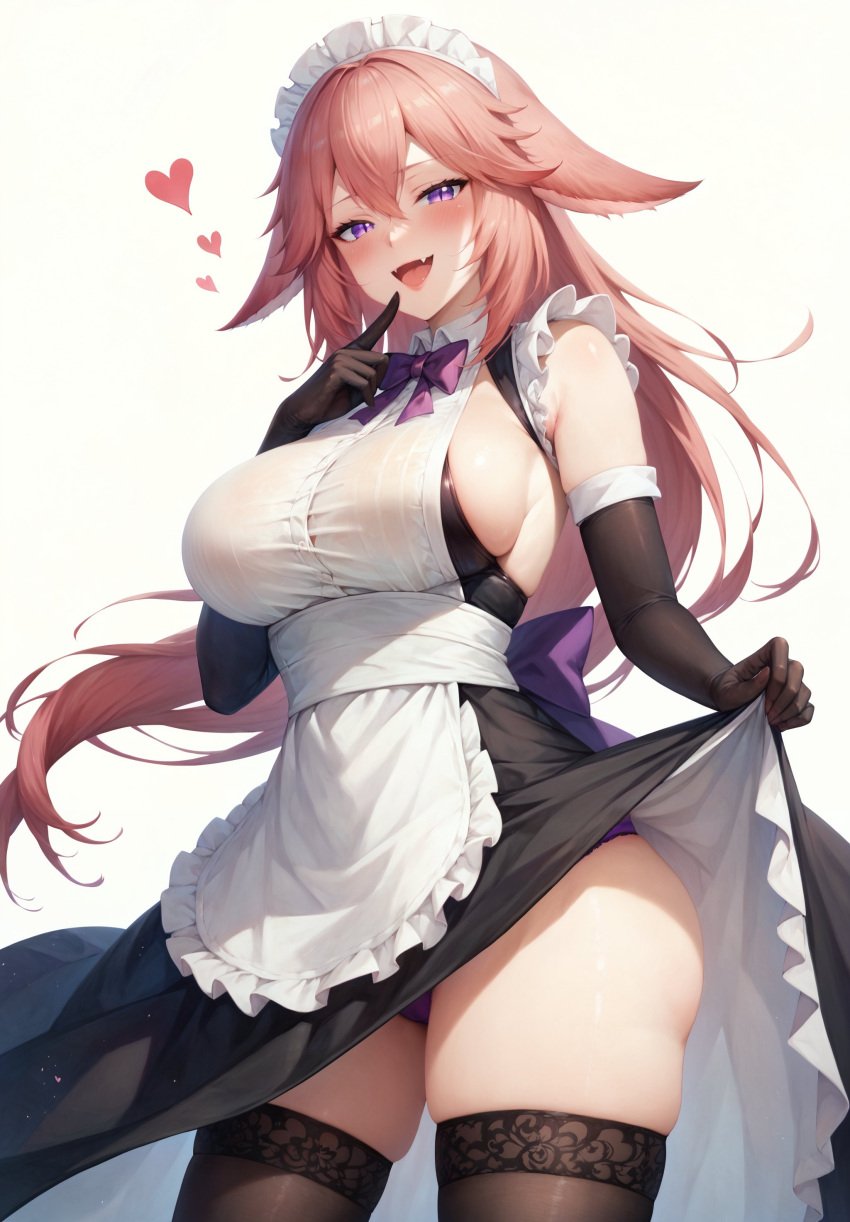 1girls :d ai_generated aimoonshine alternate_costume animal_ears apron bangs bare_shoulders black_dress black_gloves black_thighhighs blush bow bowtie breasts clothes_lift cowboy_shot dress dress_lift elbow_gloves enmaided fang fangs female female_only finger_to_mouth fox_ears fox_girl frills genshin_impact gloves hair_between_eyes heart large_breasts lifted_by_self long_hair looking_at_viewer maid maid_apron maid_headdress mihoyo open_mouth panties panty_peek pink_hair purple_bow purple_eyes purple_panties sideboob sidelocks skindentation skirt skirt_lift sleeveless slit_pupils smile solo thick_thighs thighhighs thighs underwear very_long_hair waist_apron white_apron white_background yae_miko