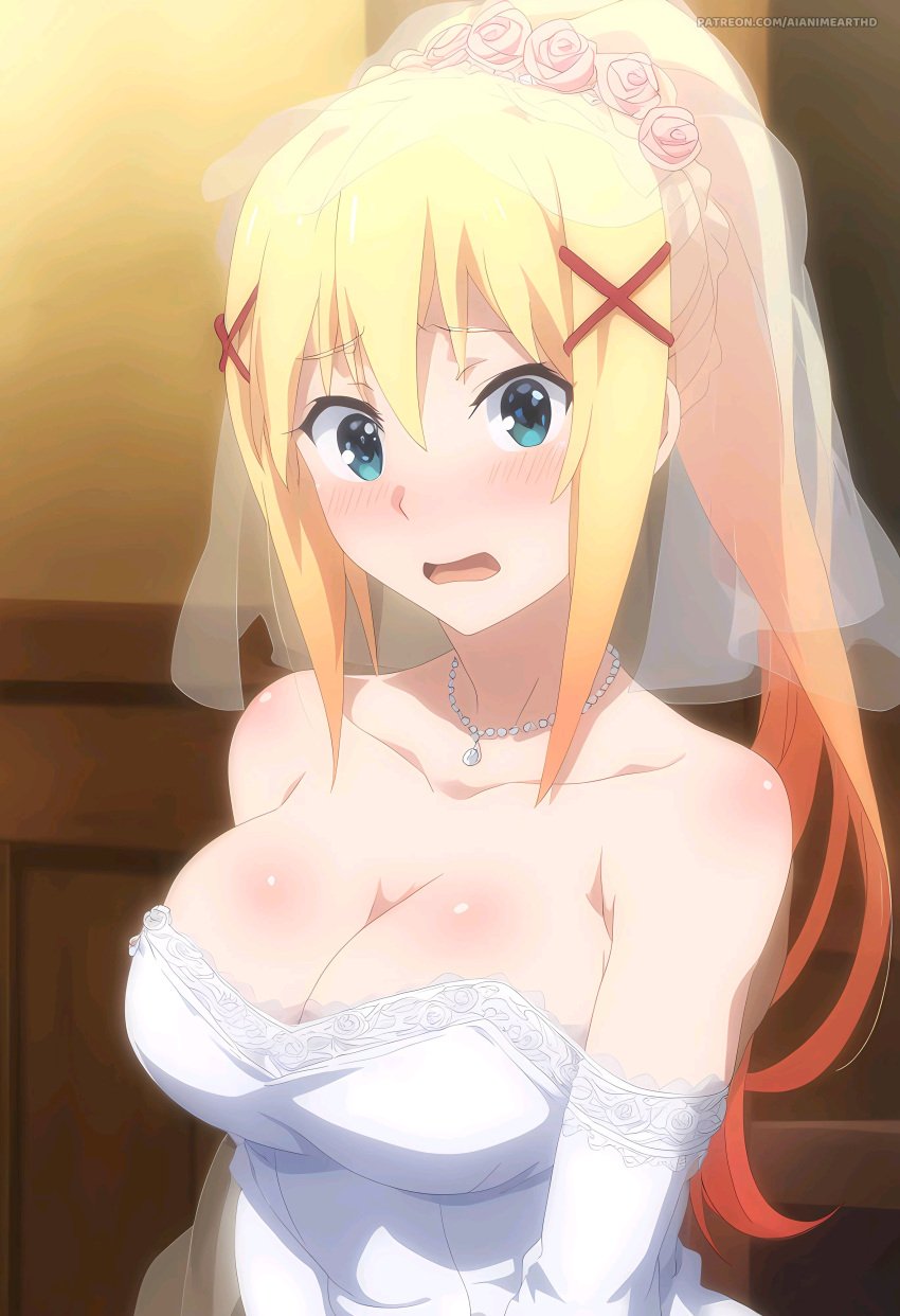 1female 1girls ahoge ai_assisted ai_generated aianimearthd bangs big_breasts blue_eyes blue_eyes_female breasts bride commentary_request darkness_(konosuba) dustiness_ford_latatina english_commentary female female_only hi_res highres kono_subarashii_sekai_ni_shukufuku_wo! looking_at_viewer mixed-language_commentary necklace solo_female very_high_resolution wedding_dress yellow_hair yellow_hair_female