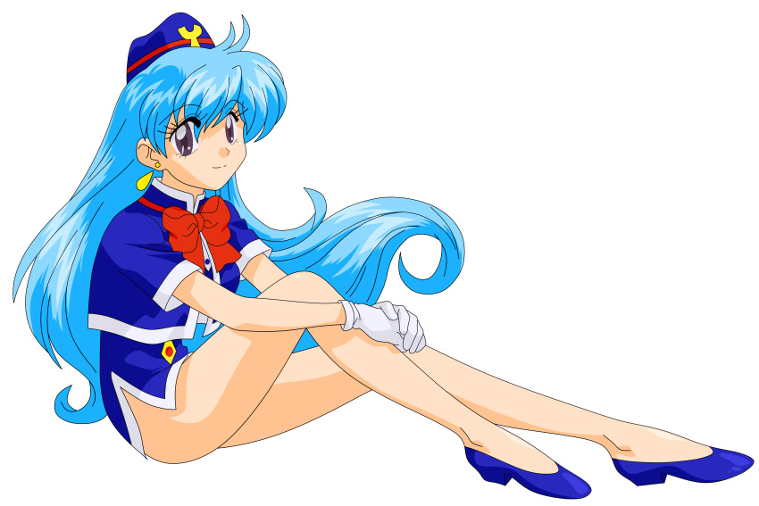 2018 absurdres anus ass bangs blue_footwear blue_hair bottomless bow breasts busakumas dress earrings female gloves hand_up hat highres hips human jewelry legs legs_crossed long_hair looking_to_the_side medium_breasts miniskirt no_panties open_mouth photoshop purple_eyes red_bow shoes short_dress short_sleeves simple_background sitting skirt smile solo stewardess tenjouin_katsura thighs vagina vector_trace white_background white_gloves yat_anshin_uchuu_ryokou