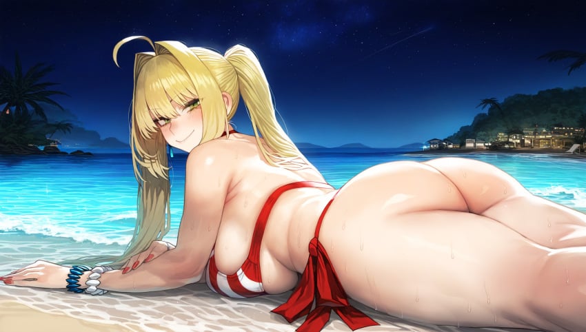 1-a_dot ai_generated beach big_ass big_breasts bikini blonde_hair fate/extra fate/grand_order fate_(series) nero_claudius_(fate) nero_claudius_(swimsuit_caster) night