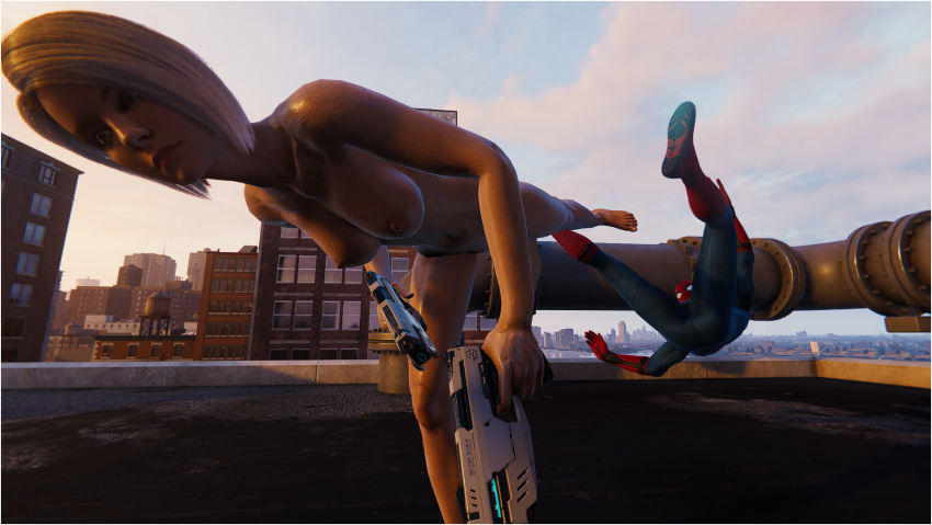 female_dominating_male femdom futuristic_gun kicking marvel marvel_comics naked_female naked_fight naked_fighting rooftop silver_hair silver_sable_(insomniac) silver_sablinova spider-man_(ps4)