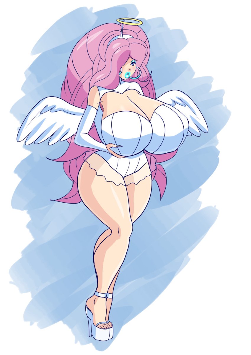 1girls angel_costume annon bimbo breasts female fluttershy_(mlp) high_heels hoop_earrings huge_breasts my_little_pony pink_hair platform_heels solo