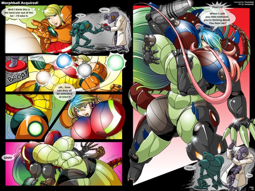 2011 4:3 4_breasts alien armor avian blonde_hair breasts chozo comic female hair humanoid hybrid jacques00 machine metroid morphball_acquired multi_breast nintendo nipples power_armor samus_aran tail transformation