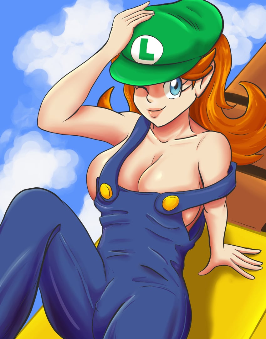 blue_eyes breasts breasts_squeezed_together brown_hair cap clouds digital_art digital_drawing_(artwork) digital_media_(artwork) digital_painting_(artwork) hat mario_(series) naked_overalls nintendo overalls princess_daisy wink winking winking_at_viewer