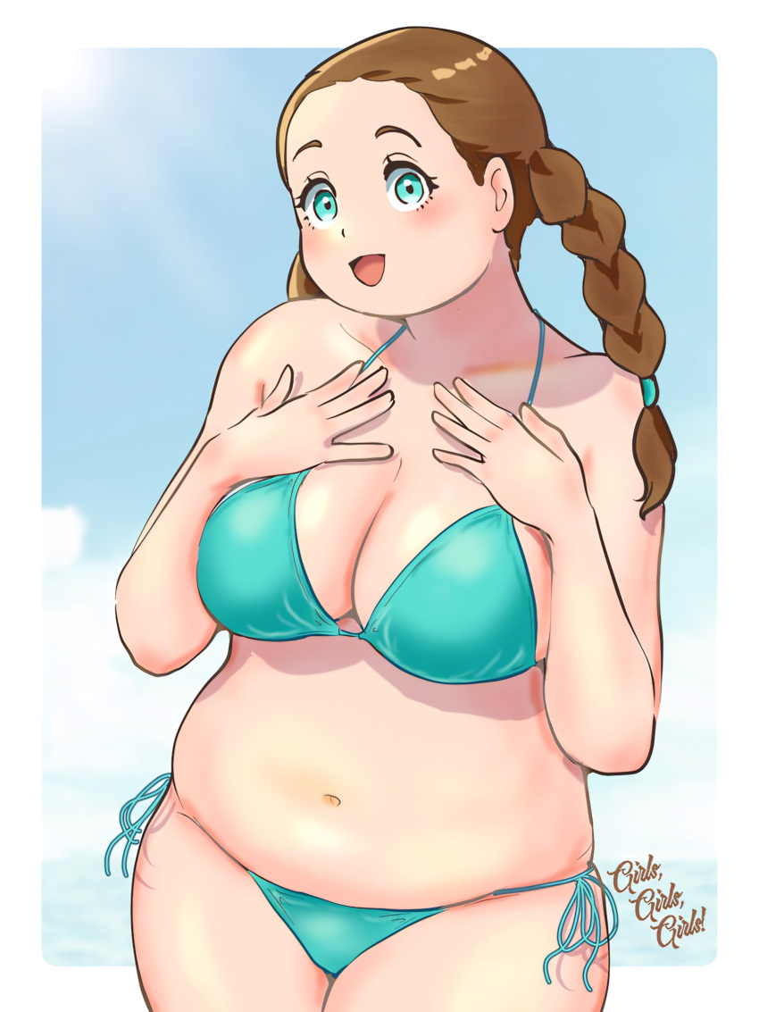 bikini blue_bikini braid breasts brown_hair cleavage fat female gundam gundam_suisei_no_majo hands_on_own_chest highres kenken28937178 large_breasts legs_together lilique_kadoka_lipati low_twin_braids navel open_mouth plump side-tie_bikini_bottom skindentation smile solo stomach swimsuit twin_braids twintails