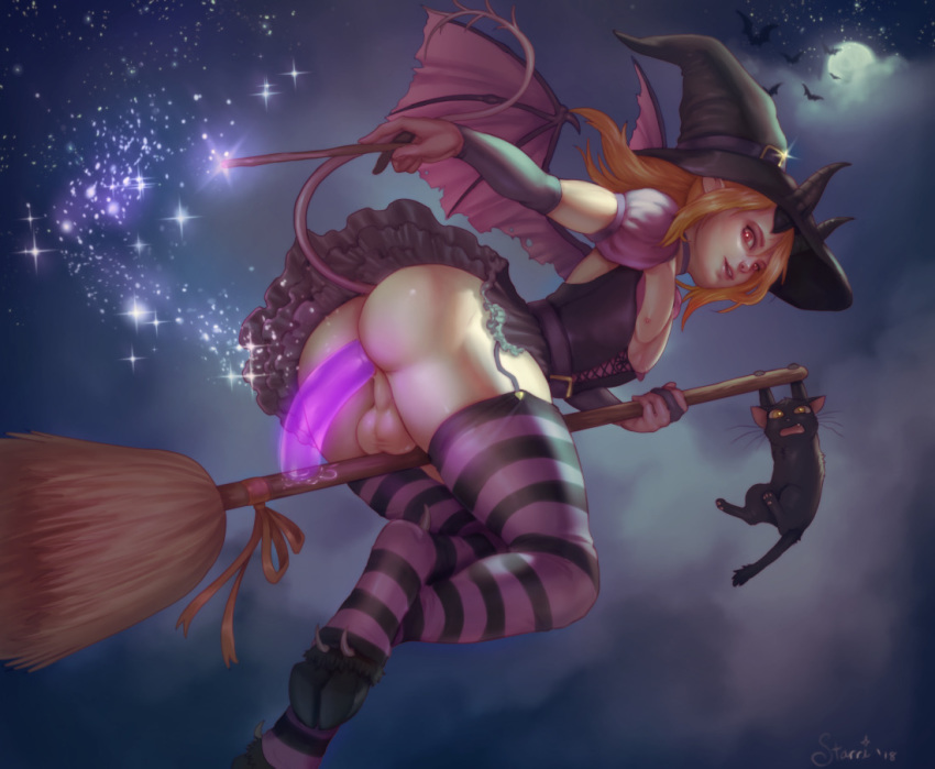 1boy ass bat_wings broom broomstick crossdressing demon_horns demon_tail dildo dildo_broom dildo_in_ass femboy flat_chest girly headwear horns magic male male_only masturbation no_panties orange_hair pale_skin red_eyes sex_toy small_breasts small_horns socks solo starri thighhighs trap witch witch_hat