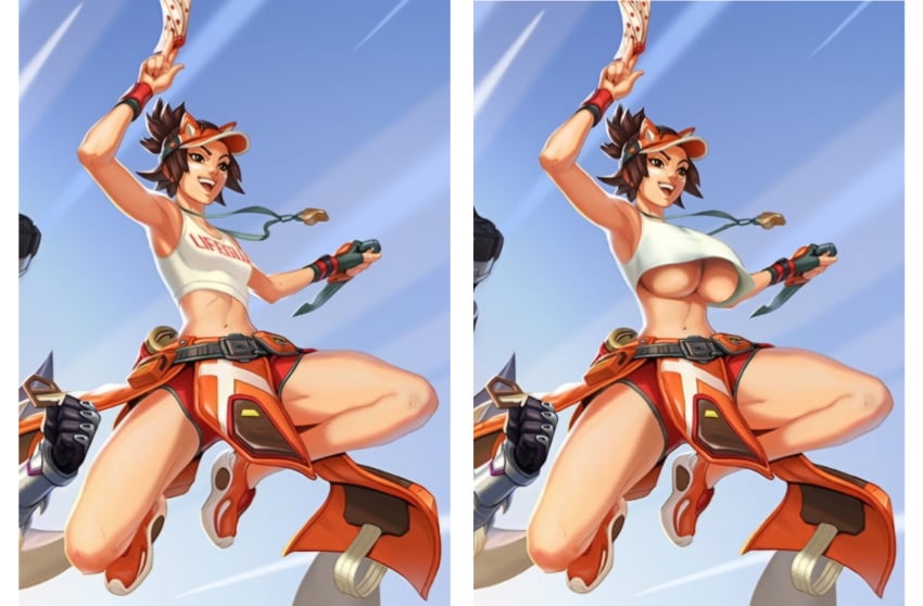 alternate_breast_size big_breasts brown_hair crop_top curvaceous curvy dynamic_pose edit edited edited_official_artwork edited_screencap hourglass_figure huge_breasts jumping kiriko_(overwatch) legs lifeguard lifeguard_kiriko massive_breasts official_art official_artwork_edit overwatch overwatch_2 screenshot short_hair shorts smile swimwear thighs third-party_edit underboob white_top