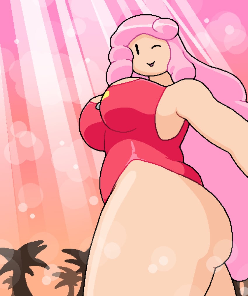 ;p big_ass big_breasts big_thighs lifeguard mia_(okami_tomato) okami_tomato pink_hair sunset swimsuit