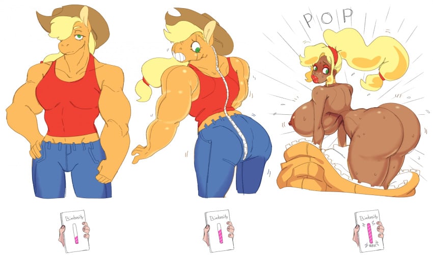 absurd_res anthro anthro_to_human applejack_(mlp) ass big_breasts bimbo_lip bimbofication bimbofied bimbophi breast_expansion breasts dark-skinned_female english_text expansion female friendship_is_magic hasbro hi_res huge_breasts hyper hyper_breasts my_little_pony nipples solo text transformation wide_hips